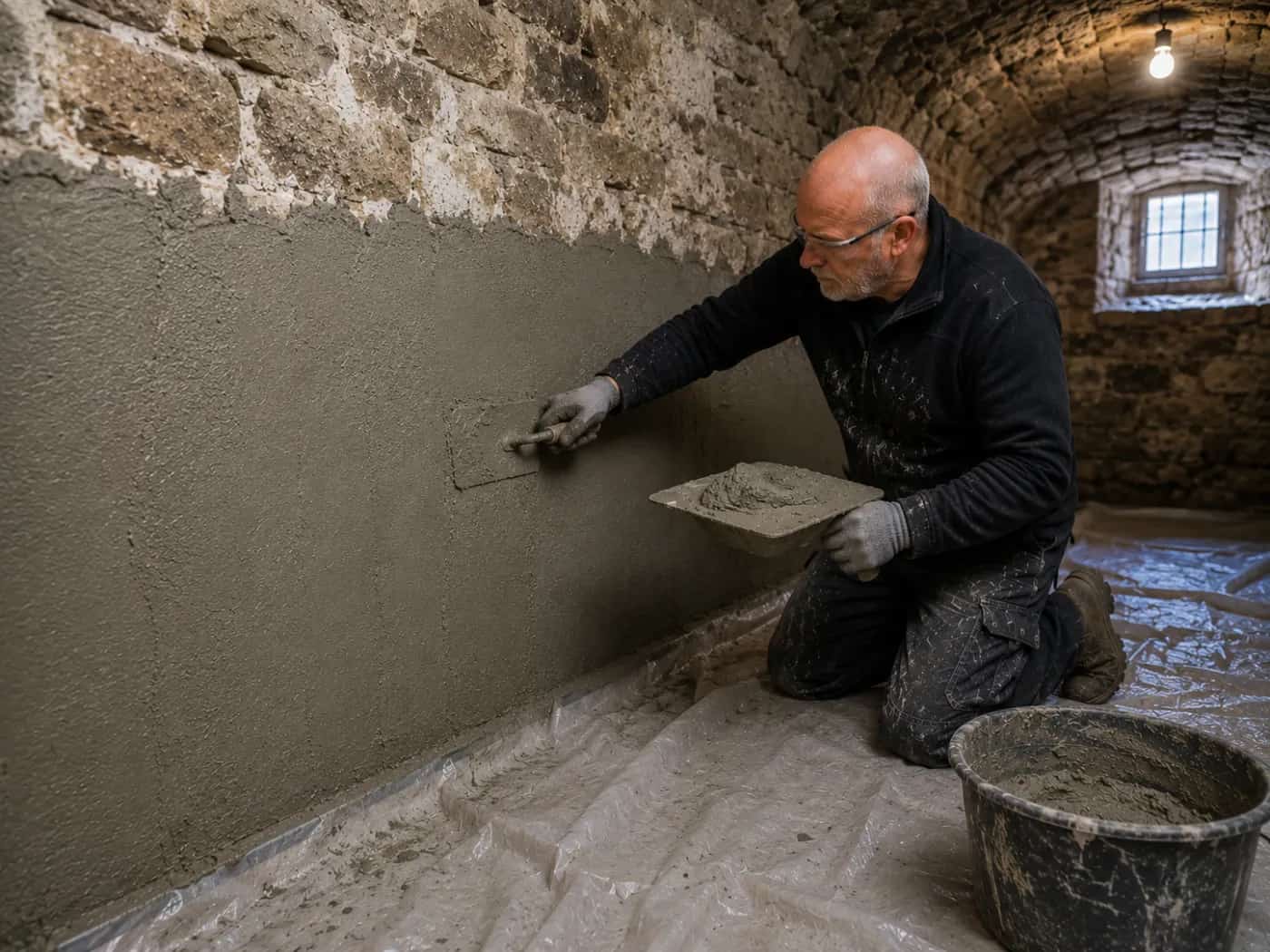 Application d'un enduit d'etancheite sur les murs d'une cave voutee