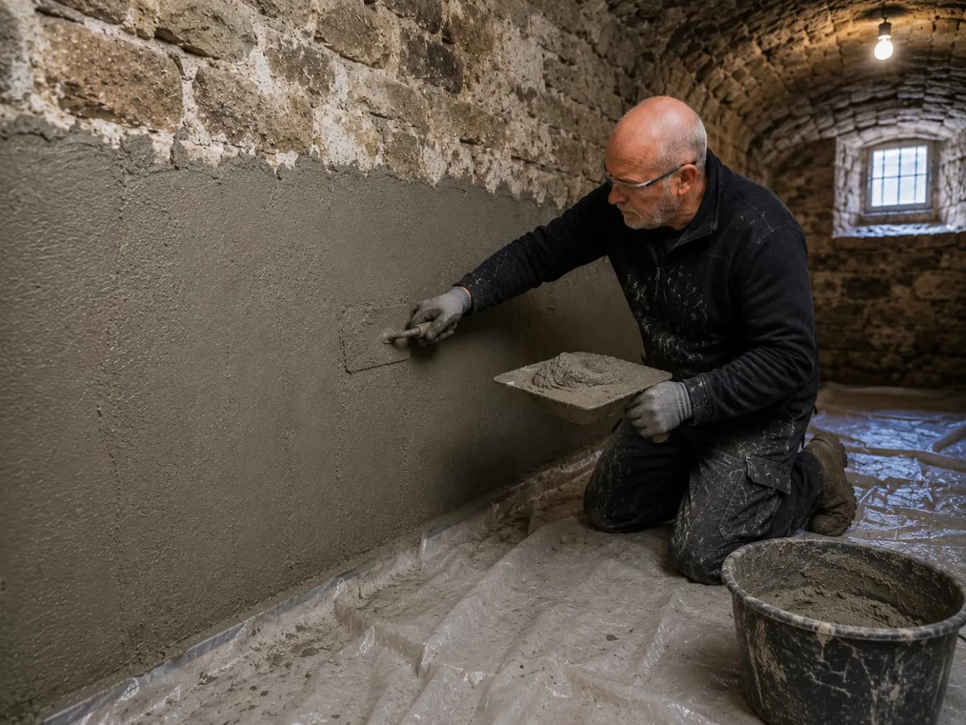 Application d'un enduit d'etancheite sur les murs d'une cave voutee