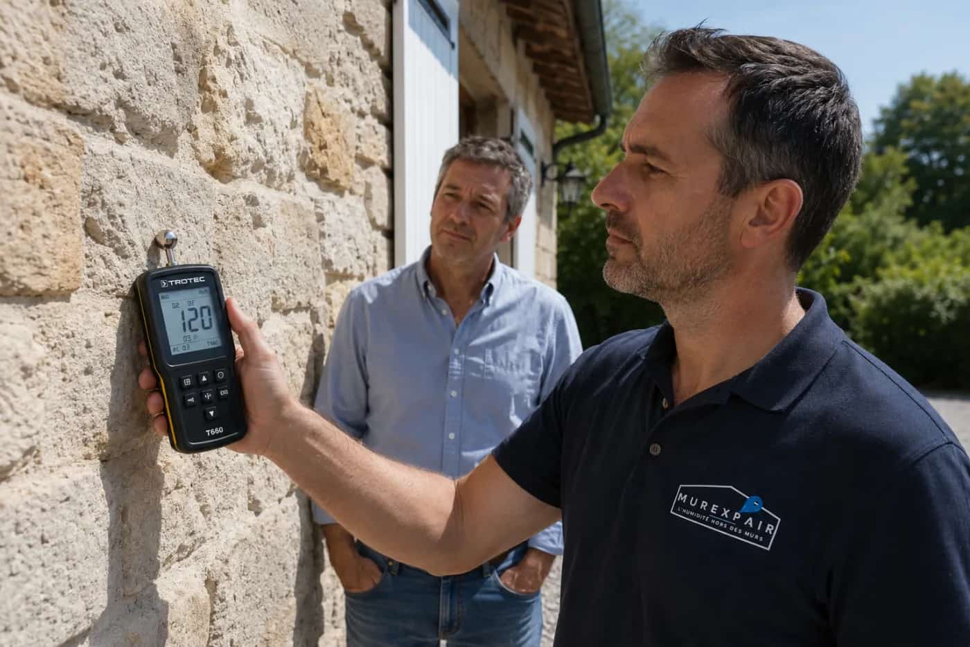 Expert Murexpair mesurant le taux d'humidite d'un mur en pierre