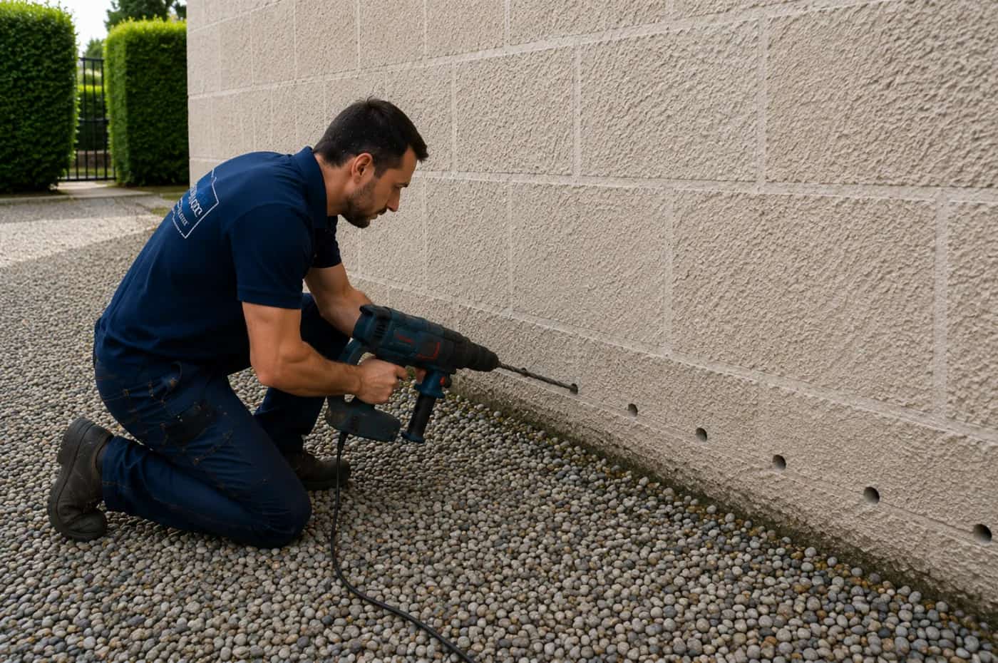 Percage d'une rangee de trous a la base d'un mur pour injection de resine